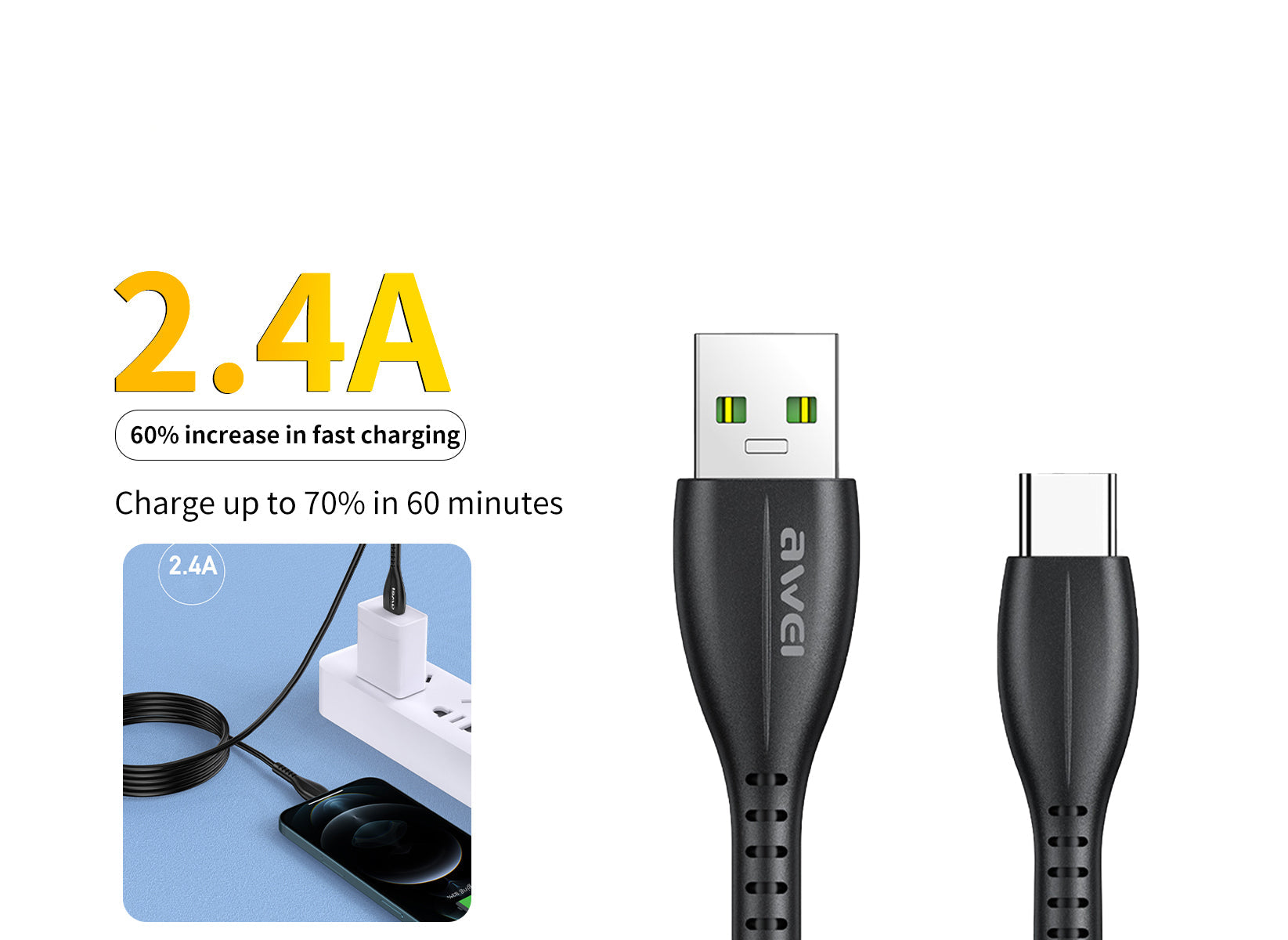 كابل AWEI CL-115 USB من النوع C، سلك شحن سريع 2.4 أمبير (1 متر) - أسود